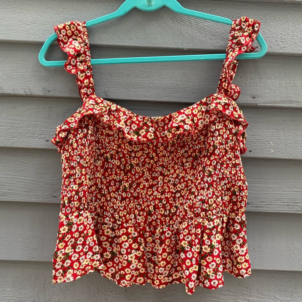 Natural Life Red and White Smocked Ruffle Crop Top
